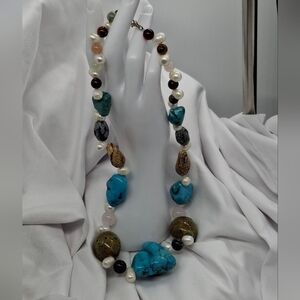 Artistan Dyed Howlite, Genuine Pearl, and Sterling Silver .925 Necklace 18"